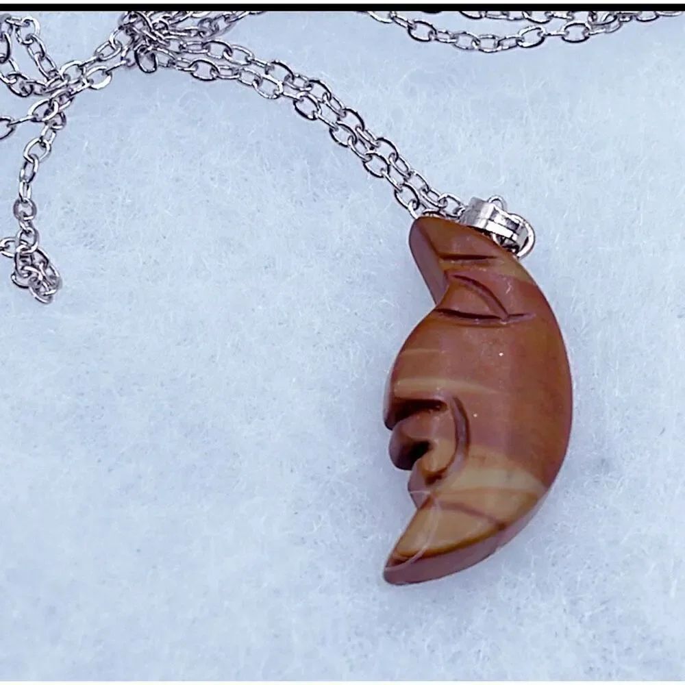 Vintage carved semi precious stone cresant moon face necklace